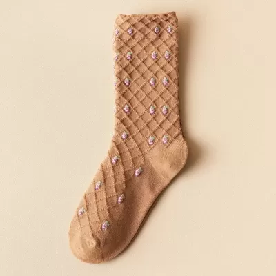 Floral Elegance: Korean Cotton Vintage Harajuku Crew Socks - Light brown