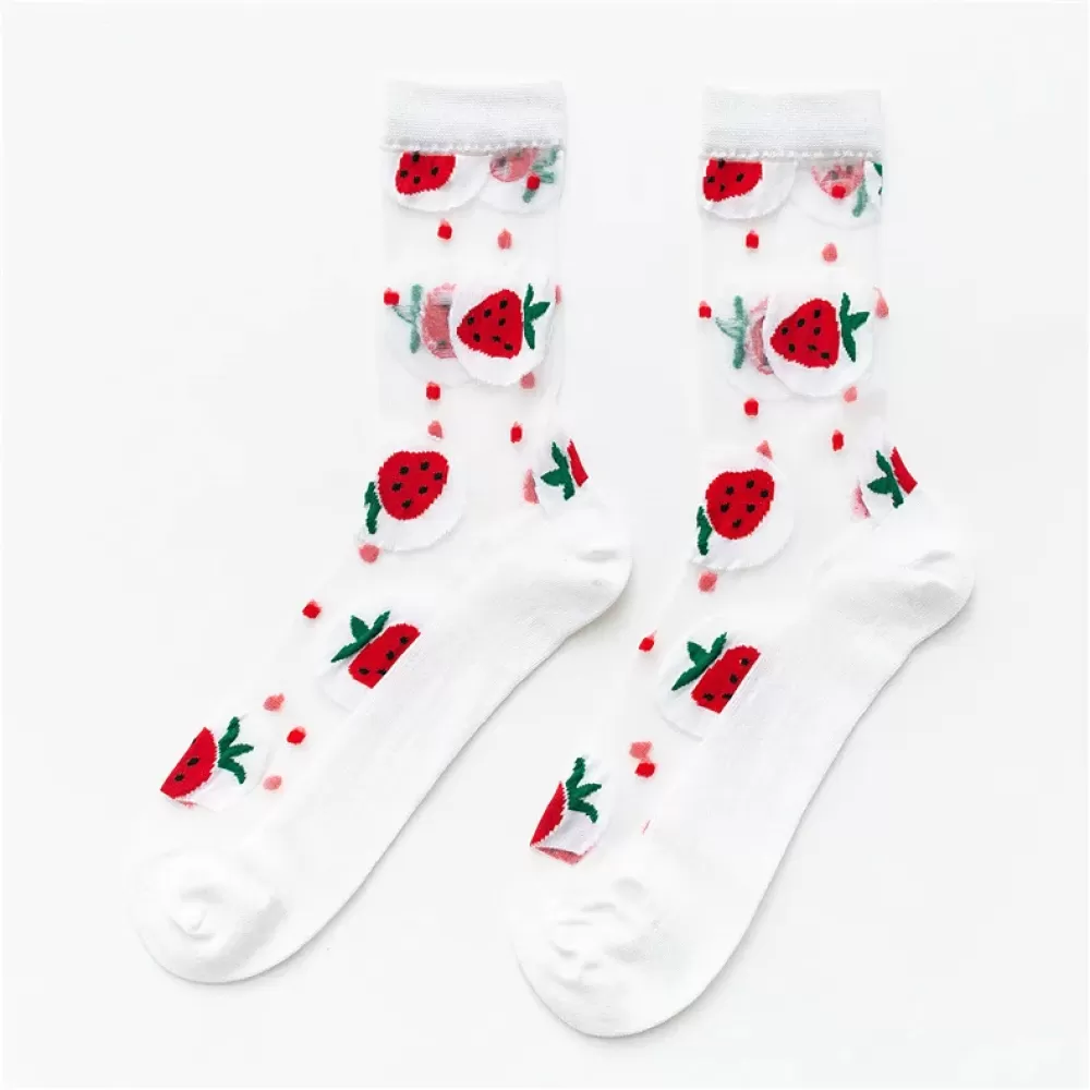 Harajuku Crystal Silk Socks – Sunflower & Fruit Cartoon Design - White