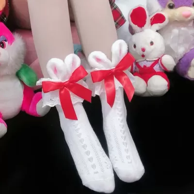 Lolita Rabbit Ears Bow Calf Socks – Cute Autumn & Winter Fashion - White design 3