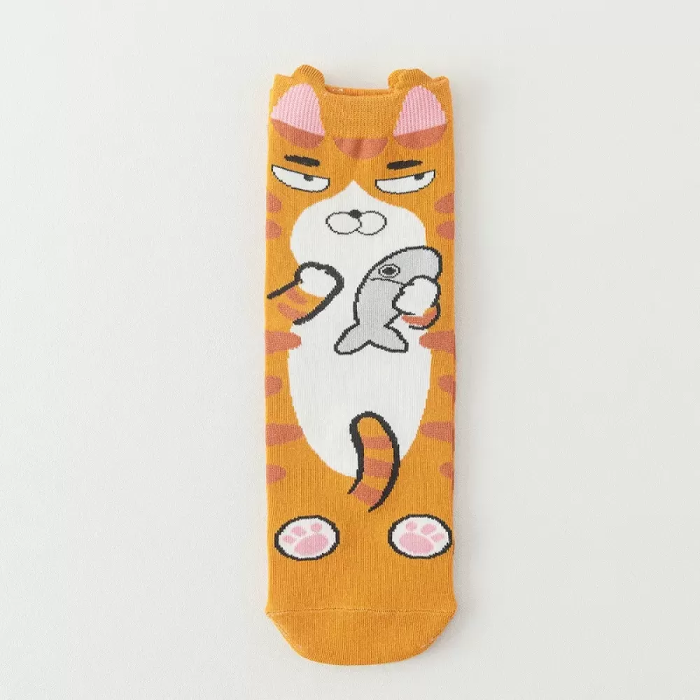 Purr-fect Style: Korean Cartoon Cat Socks - Orange white