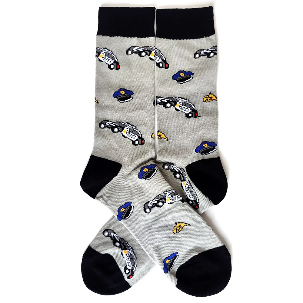 Road Thrills: Vehicle-Inspired Cotton Crew Socks - Light gray police car