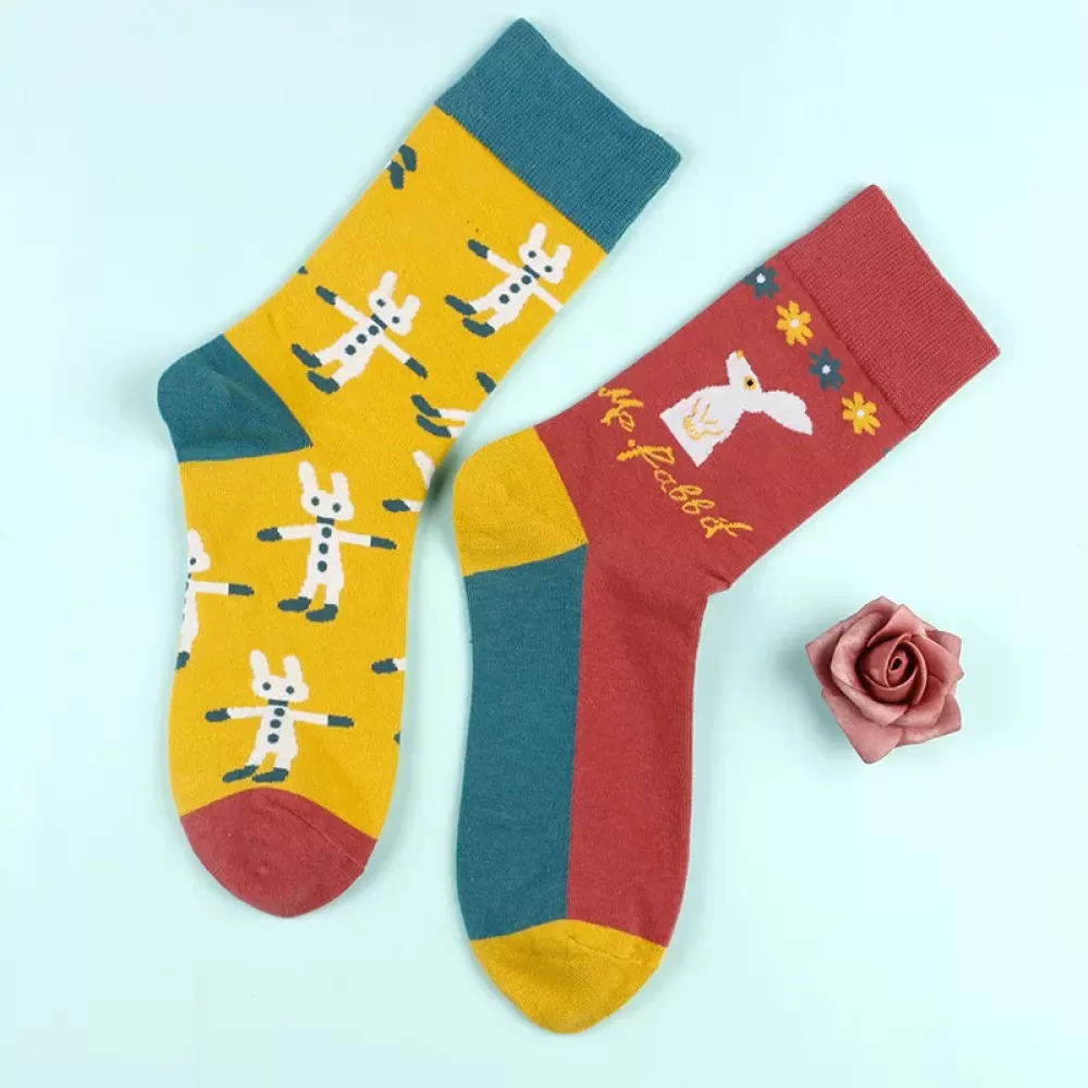 Spring/Autumn Women’s Asymmetric Socks – Floral Cartoon Tide with Letter - Kawaii floral design 3