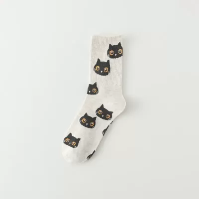 Spring Delight: Kawaii Harajuku Cartoon Cat Cotton Socks for Women - Light Gray