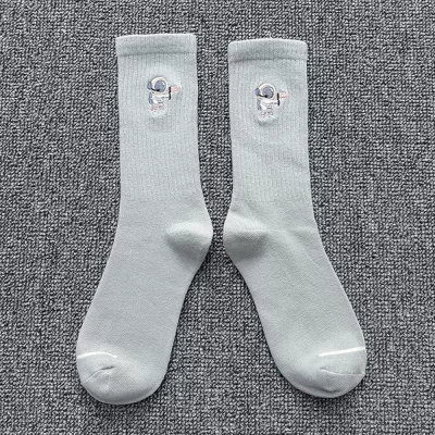 Stellar Embroidered Astronaut Socks – Unisex Cotton Comfort for Couples - Gray