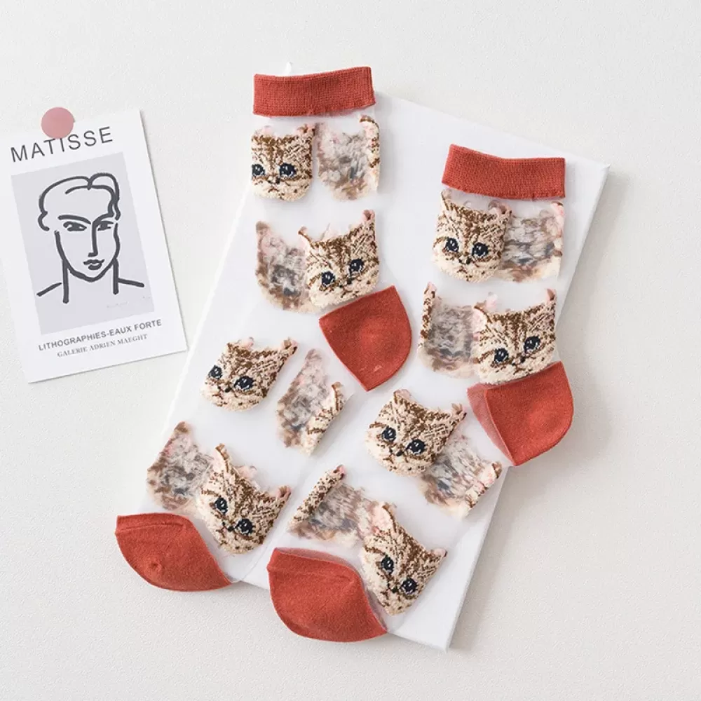 Transparent Cat Crystal Silk Socks – Korean Fashion, Summer Thin - Red