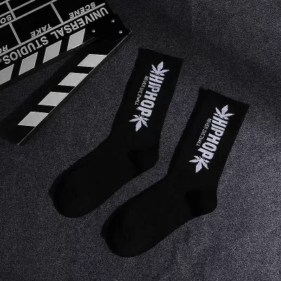 Urban Edge: Black & White Lettered Leaf Skateboard Socks - Hip hop design 22