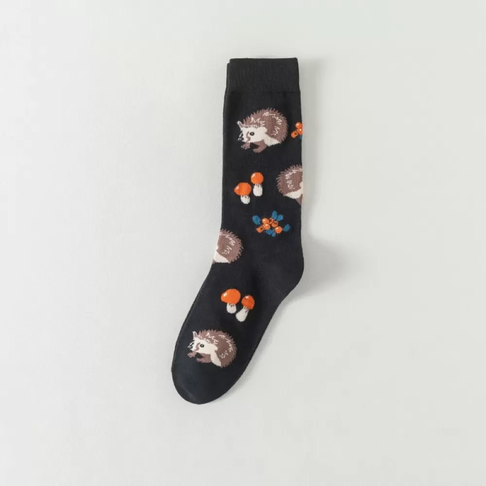 Adorable Harajuku Hedgehog Socks – Kawaii Quality Cartoon Design - Black