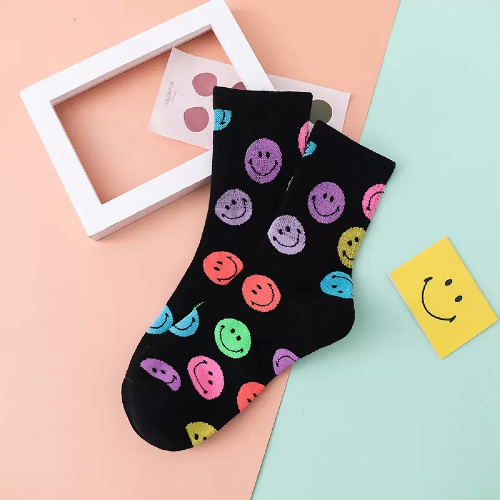 Black Multicolored Smiley Socks