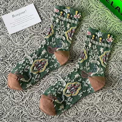 Botanical Elegance: Korean Cotton Floral Retro Socks for Women - Korean Socks design 5