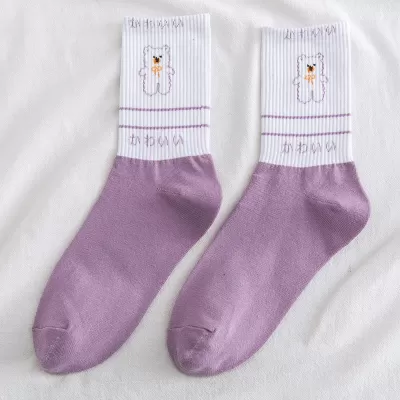 Charming Purple Bear Cotton Socks – Fashionable, Comfy & Cute - Purple design 3