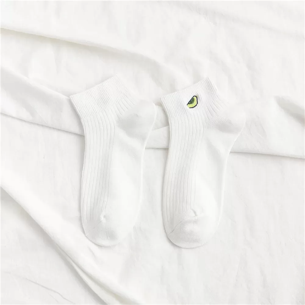 Chic Avocado Embroidery: Casual Short Socks - White