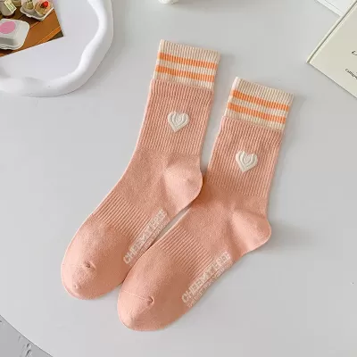 Chic Striped Love Heart Long Socks – Winter Cycling Cotton Warmers in Korean Kawaii Style - Orange