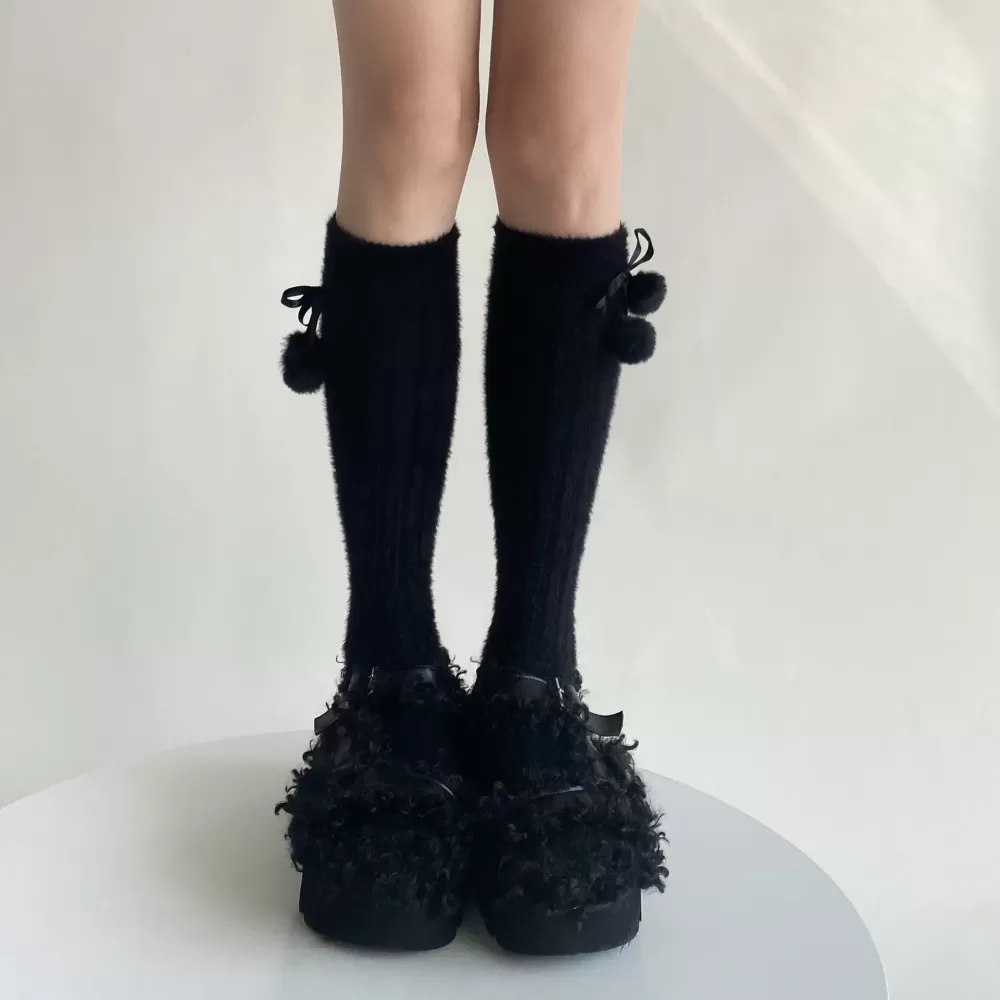 Cozy Charm: Women’s Thick Warm Knee Socks with Plush Ball Accents - Black