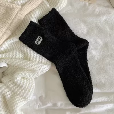 Cozy Winter Charm: Women’s Fuzzy Embroidery Socks – Warm and Kawaii - Black