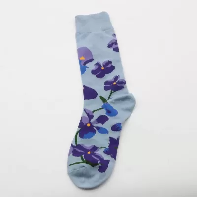 Desert Bloom: Whimsical Cactus Cartoon Socks - Light blue purple flowers