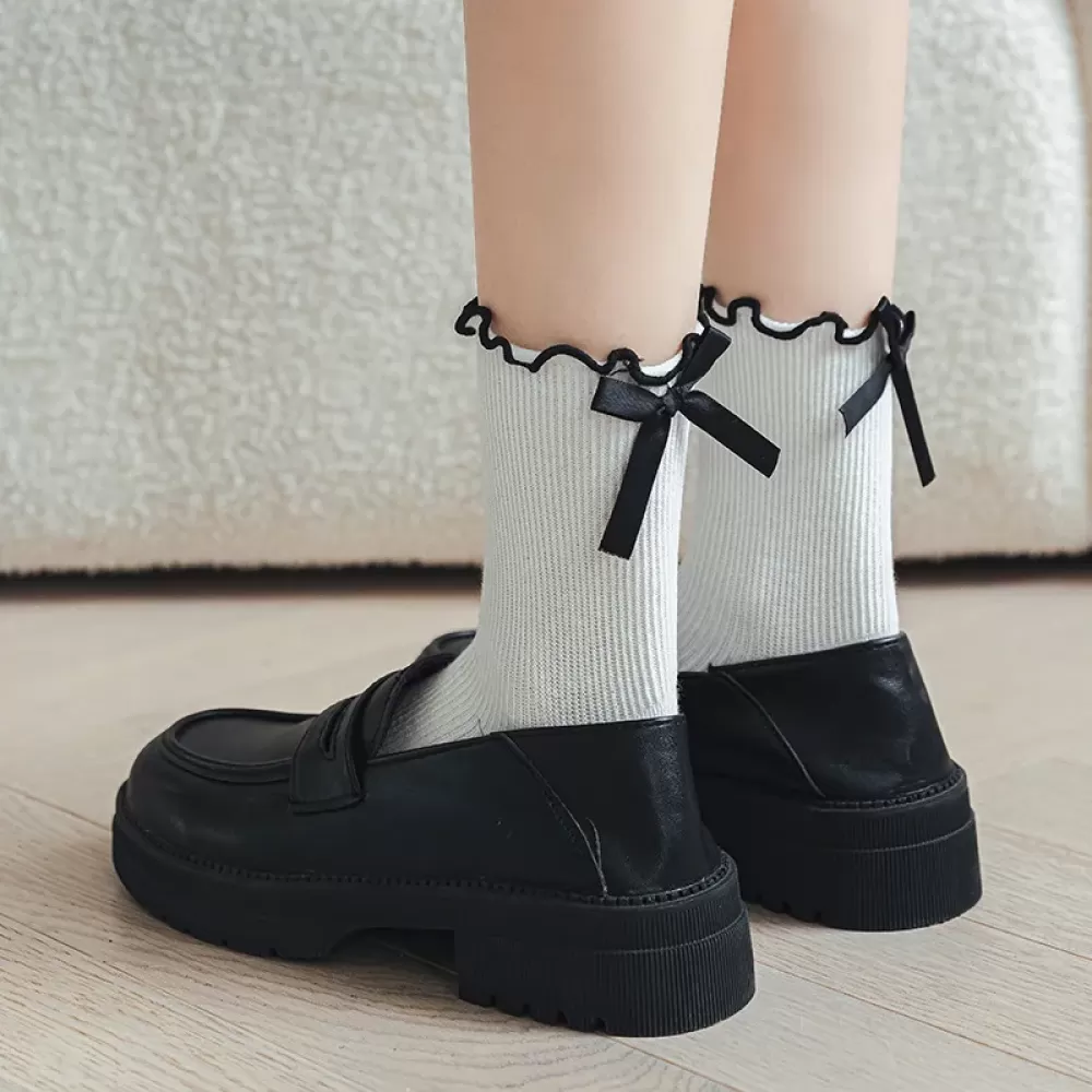 Elegant Black & White Ribbon Bow Socks – Japanese JK Style - White 1