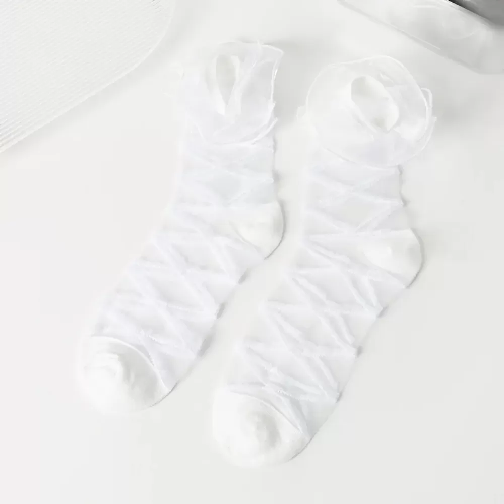 Elegant Organza Cross Lace Bow Socks – Japanese Lolita Style - White stripped design 3