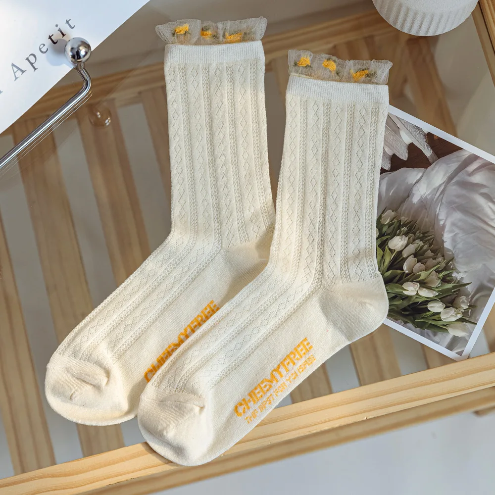 Elegant Summer JK Ultra-Thin Cotton Socks – Sheer Lace with Flower Painting - Kawaii cool design 6
