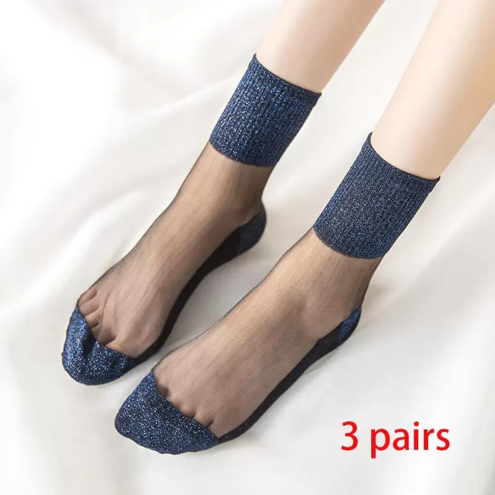 Glittering Ultrathin Transparent Crystal Silk Socks – 3-Pair Spring/Summer Set - Blue