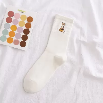 Happy Fox Embroidery Cotton Socks – Harajuku Style for Women - White