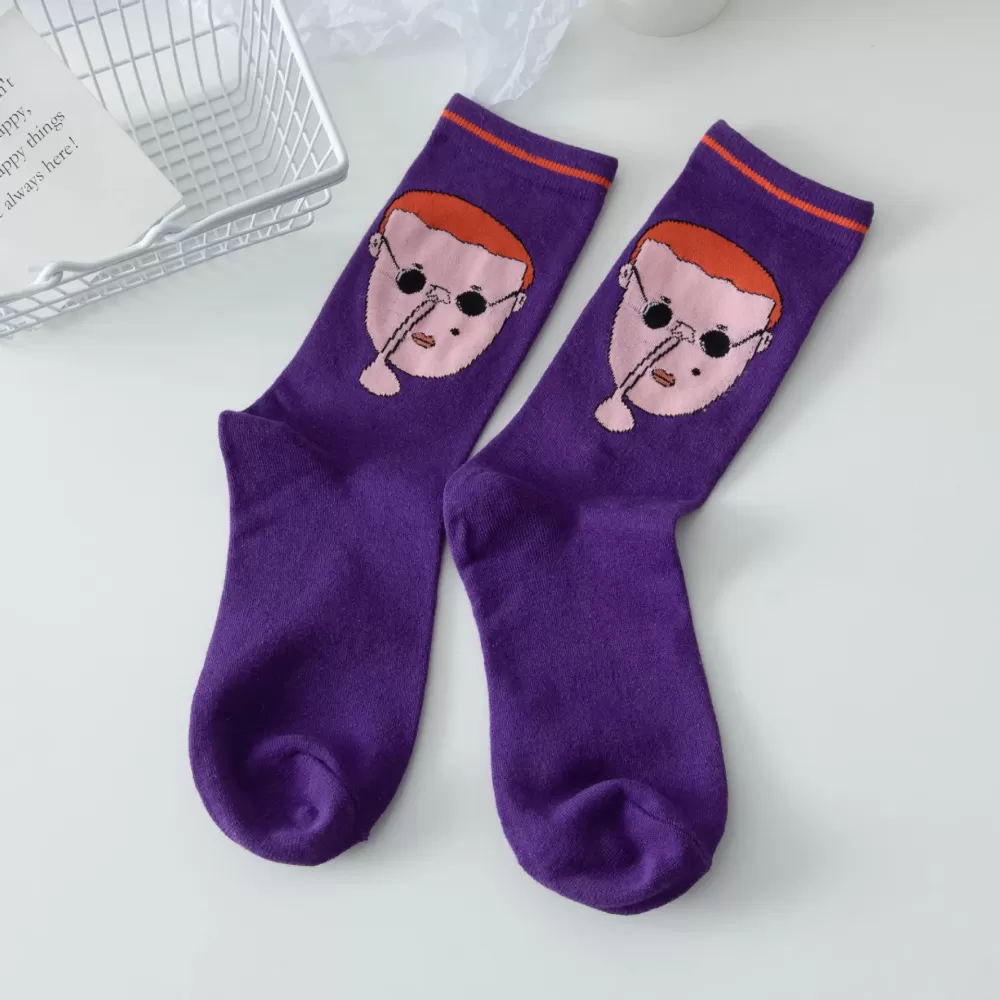 Harajuku Cartoon Women’s Socks – Korean Street Style Graffiti Character Trend - Purple