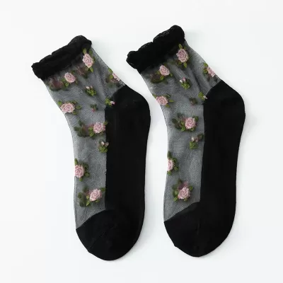 Japanese Glass Silk Middle Tube Socks – Ultra-Thin Retro Fairy Style for - Black