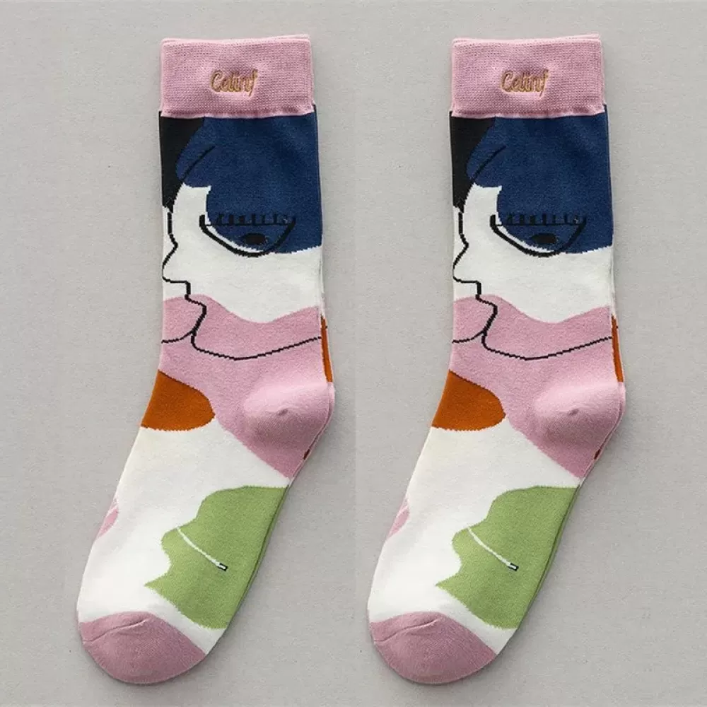 Korean Cute Cat Face Pink & Blue Socks