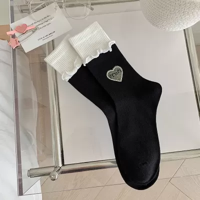 Luxury Rhinestone Heart Cotton Tube Socks – Designer European Style - White-black