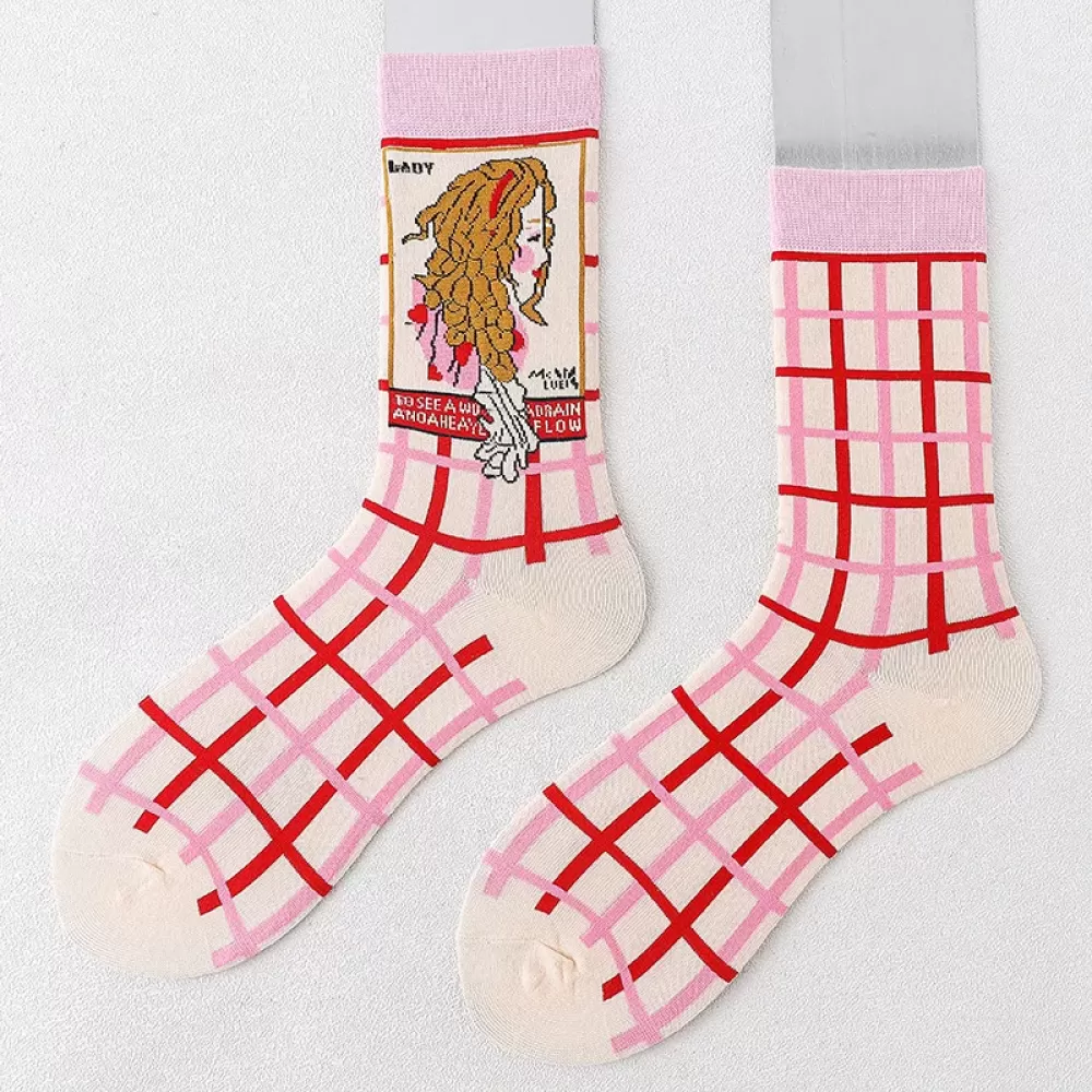 New Street Figures Retro Long Tube Socks – Unisex Trendy Cotton - Pink