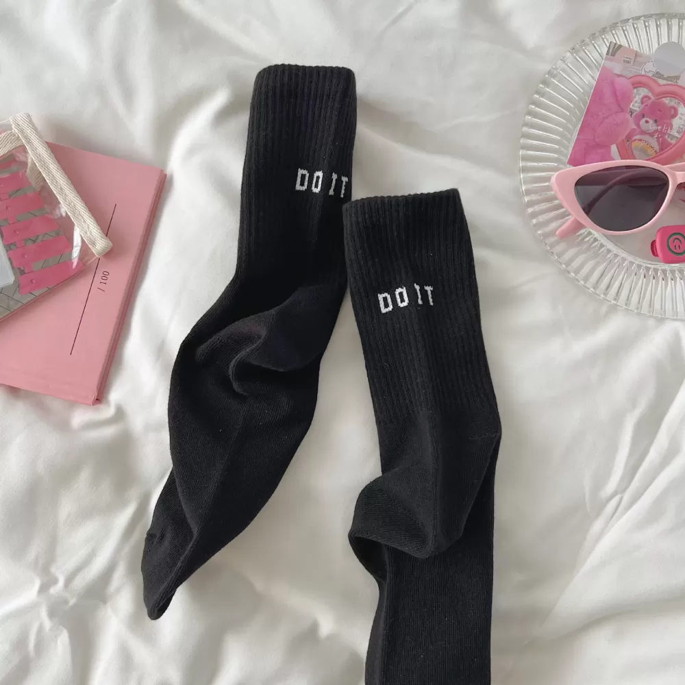 Pink Sports Socks – Spring/Autumn Cotton Style with Letter Detail - Black