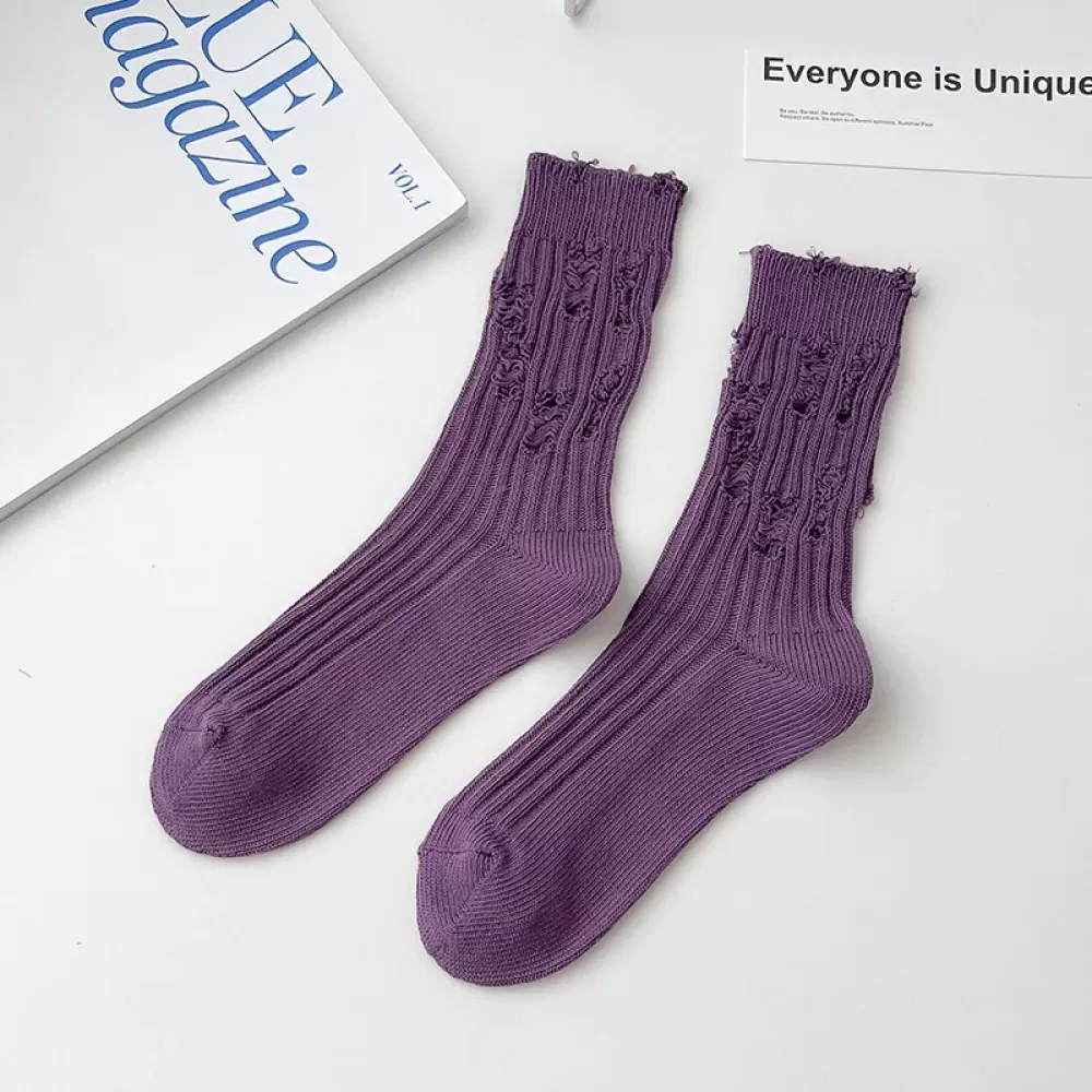 Pure Cotton Breathable Hole Socks – Retro Loose Korean-Japanese Style - Purple