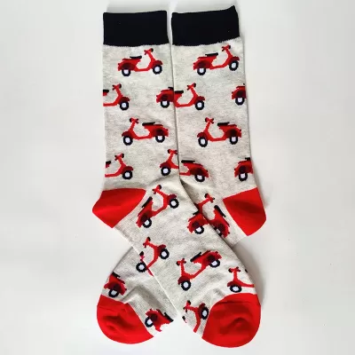 Road Thrills: Vehicle-Inspired Cotton Crew Socks - White red scooter