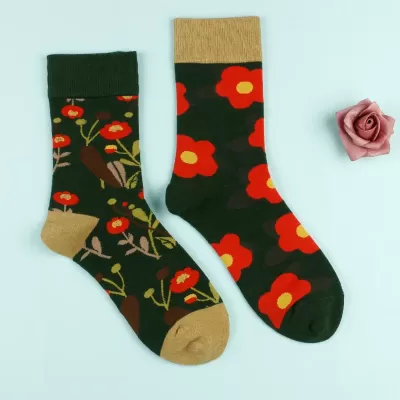 Spring/Autumn Women’s Asymmetric Socks – Floral Cartoon Tide with Letter - Kawaii floral design 2