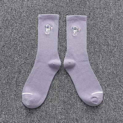 Stellar Embroidered Astronaut Socks – Unisex Cotton Comfort for Couples - Purple