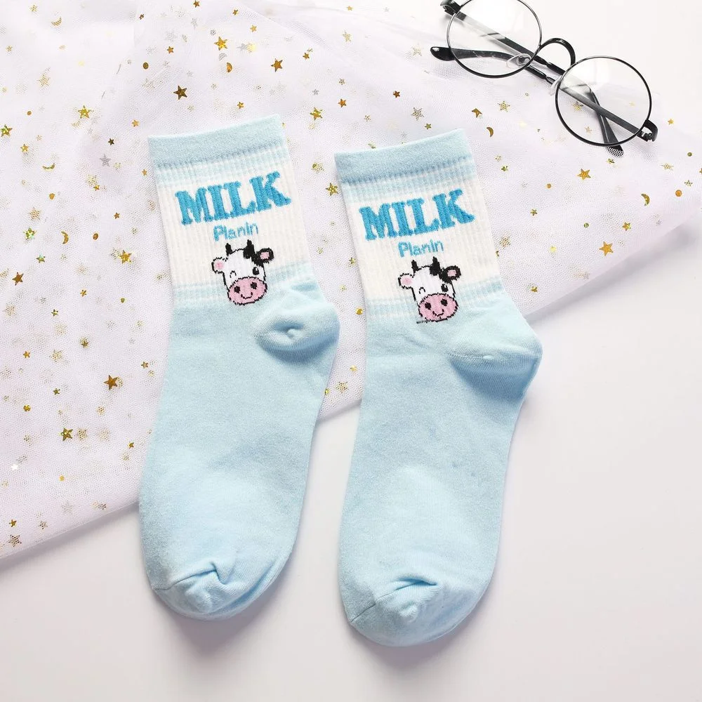 Sweet Sips: Kawaii Fruit Milk Ankle Socks for a Lovely Look - Cow Light Blue