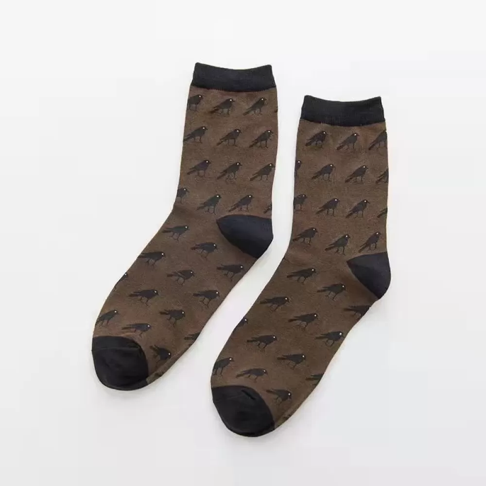 Trendy Korean Cartoon Crow Men’s Socks – Breathable Cotton - Brown