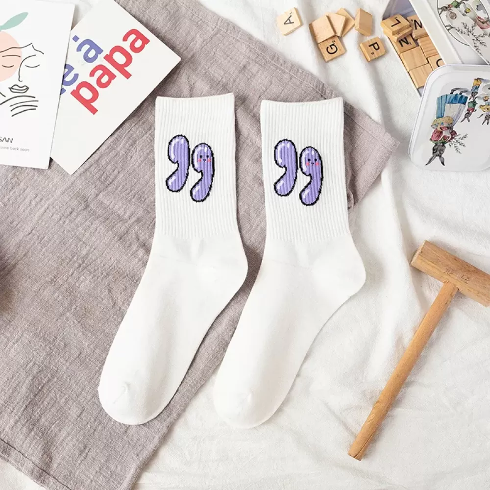 Urban Charm: Colorful Symbol-Adorned Harajuku Long Socks for Women - white