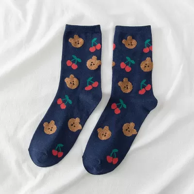 Urban Jungle: Whimsical Panda Fruit Print Socks - Dark Blue