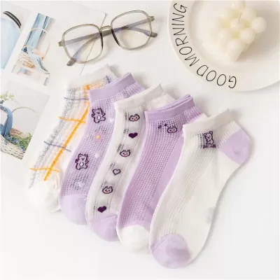 5-Pack Candy Dot & Red Lips Fashion Ankle Socks – Sweet Summer Sheer - Phite purple design 5 pairs