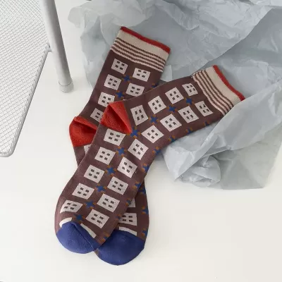 Autumn Winter Men’s Checkered Jacquard Socks – Color Matching Middle Tube Trend - Brown