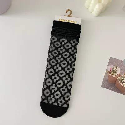 Charming Crystal Silk Flower Socks – Ultra-Thin & Transparent for Summer - Black
