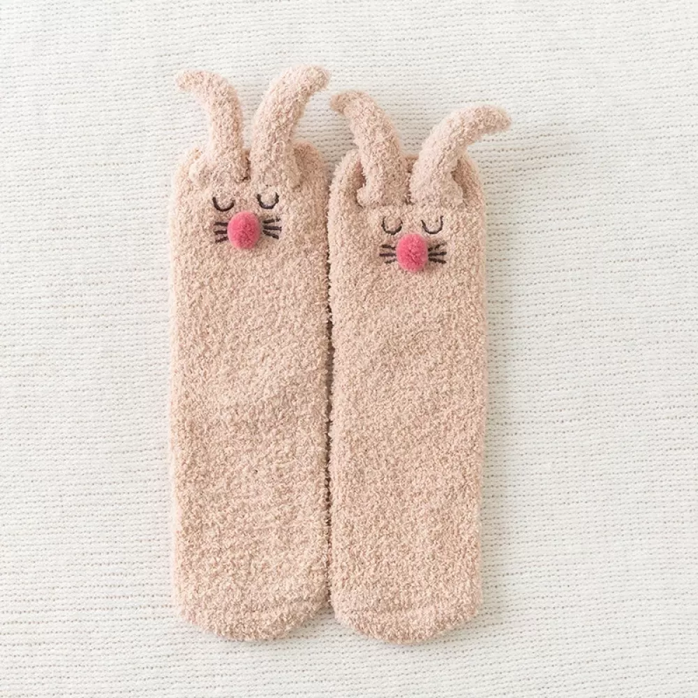 Cozy 3D Rabbit Ears Fuzzy Slipper Socks – Winter Warmth & Comfort - Khaki