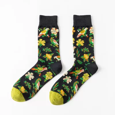 Desert Bloom: Whimsical Cactus Cartoon Socks - Black multicolored flowers-birds