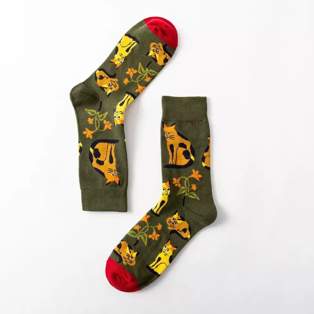 Desert Bloom: Whimsical Cactus Cartoon Socks - Green orange cat