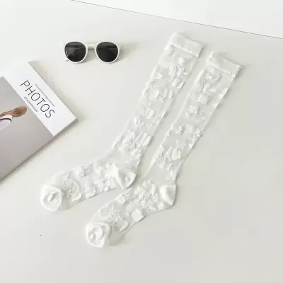 Elegant Japanese Flower Knee Socks – Ultra-Thin Crystal Silk Stockings for Summer - White