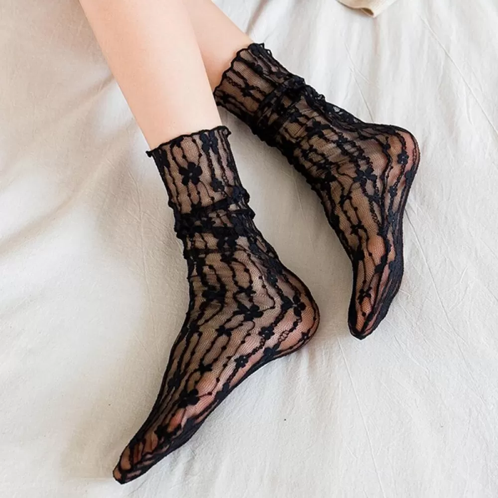 Elegant Lace Flower Crew Socks – Ultra-Thin, Transparent Harajuku Style - Black