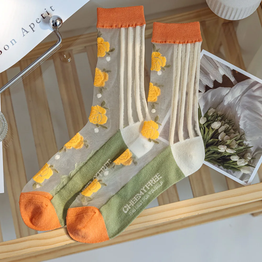 Elegant Summer JK Ultra-Thin Cotton Socks – Sheer Lace with Flower Painting - Kawaii cool design 5