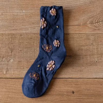 Floral Elegance: Korean Cotton Vintage Harajuku Crew Socks - Dark blue floral ornament