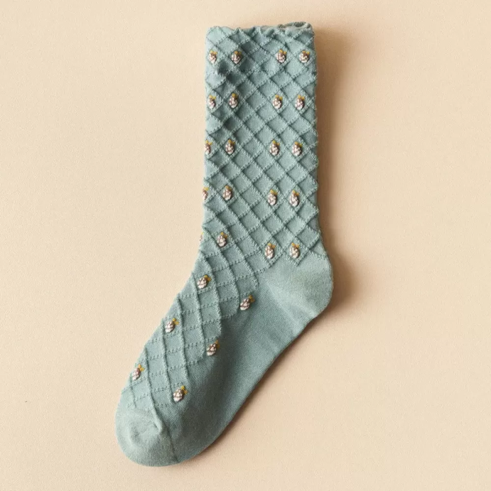 Floral Elegance: Korean Cotton Vintage Harajuku Crew Socks - Light blue