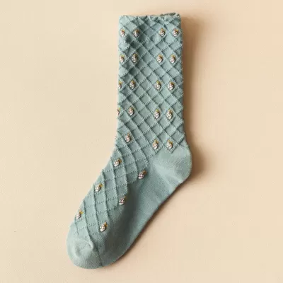 Floral Elegance: Korean Cotton Vintage Harajuku Crew Socks - Light blue